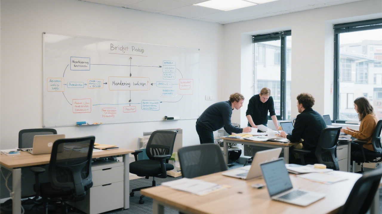 Bright Dublin office space with a whiteboard of marketing frameworks, laptops on desks, and a small team preparing materials for an academy workshop.