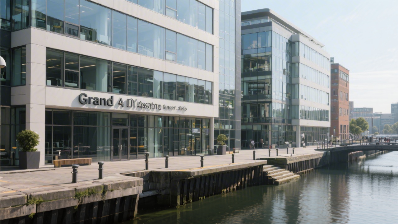 Exterior view of modern office buildings at Grand Canal Dock in Dublin with clear signage and a professional urban setting.