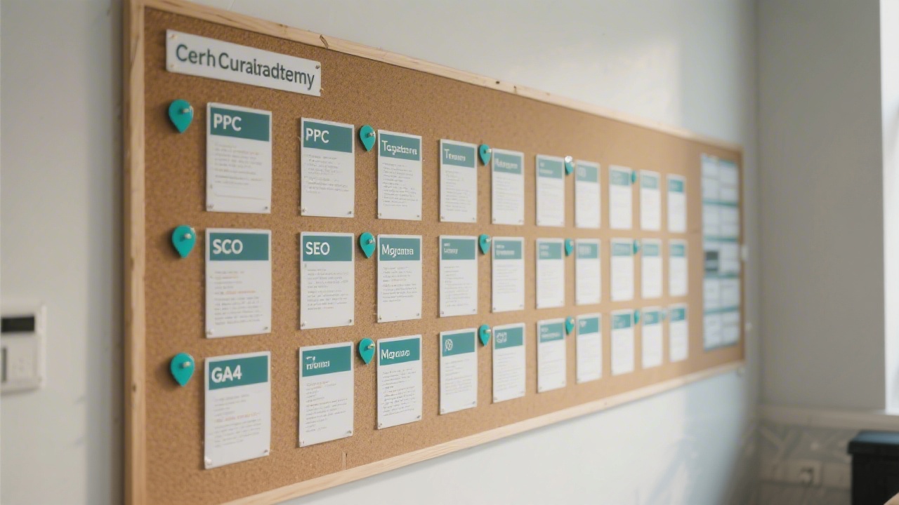Wide view of a curriculum board with PPC, SEO, and GA4 modules arranged in a grid, highlighted with teal markers for a clean tech-academy look.