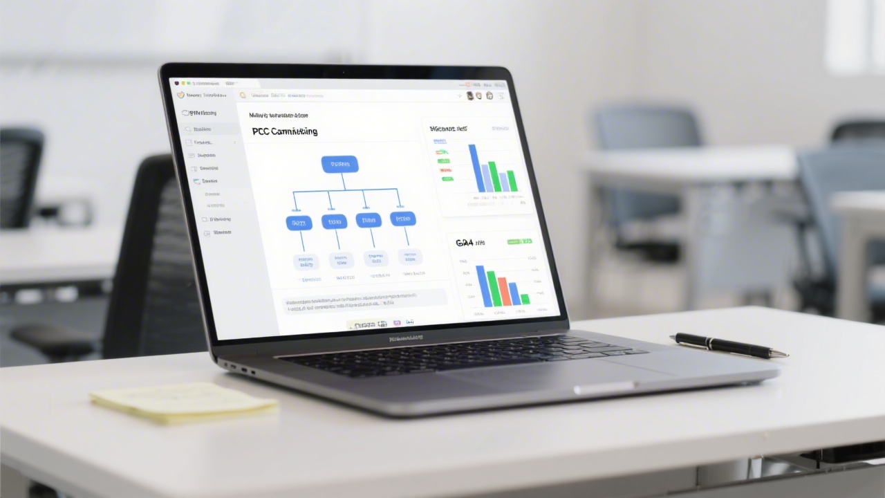 Close-up of a laptop showing a PPC campaign structure diagram and a GA4 report, with notes and a pen on a clean desk in a professional training space.