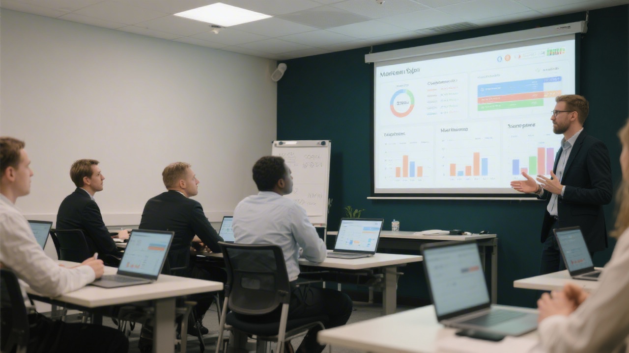 Modern training room in Dublin with laptops, projected marketing dashboards, and professionals discussing campaign data, showing a focused and collaborative learning environment.
