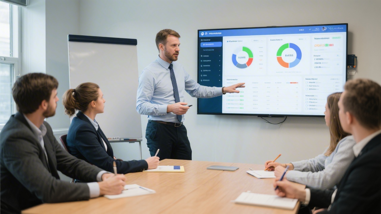 Instructor in a professional Dublin training room explaining a marketing dashboard on a large screen to a small group of learners taking notes.