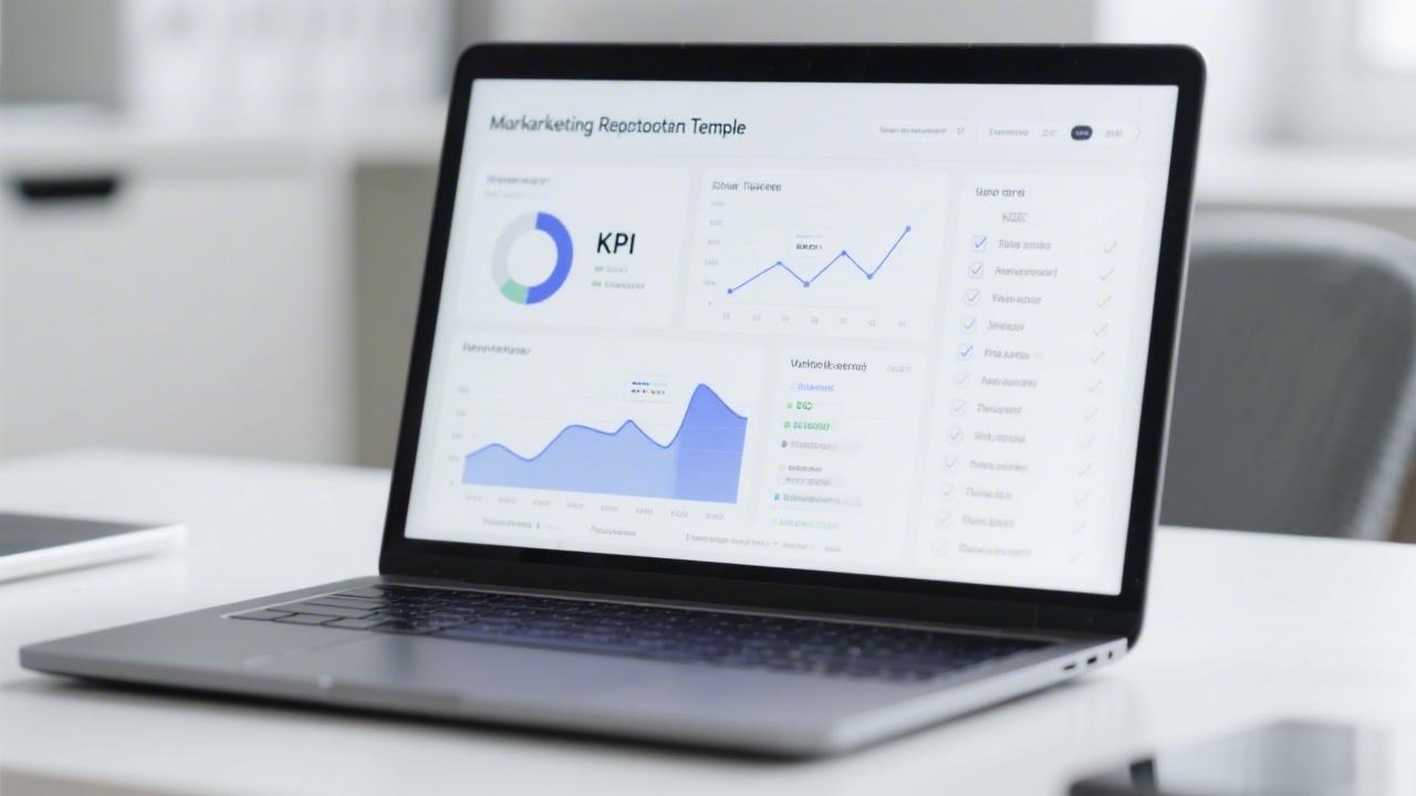 Close-up of a laptop showing a marketing reporting template with KPI charts and a checklist for SEO and PPC tasks, viewed in a clean office.